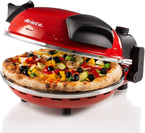 Ariete 909 pizza in 4 minuti, Forno per pizza, 400 gradi, Cuoce in 4’, Piastra in pietra refrattaria 33 cm di diametro, 1200 watt, Timer 30’, Rosso