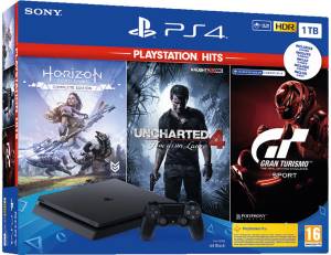 PS4 Console 1TB + Uncharted 4 + Horizon Zero Dawn Complete + GT Sport (PSHits)